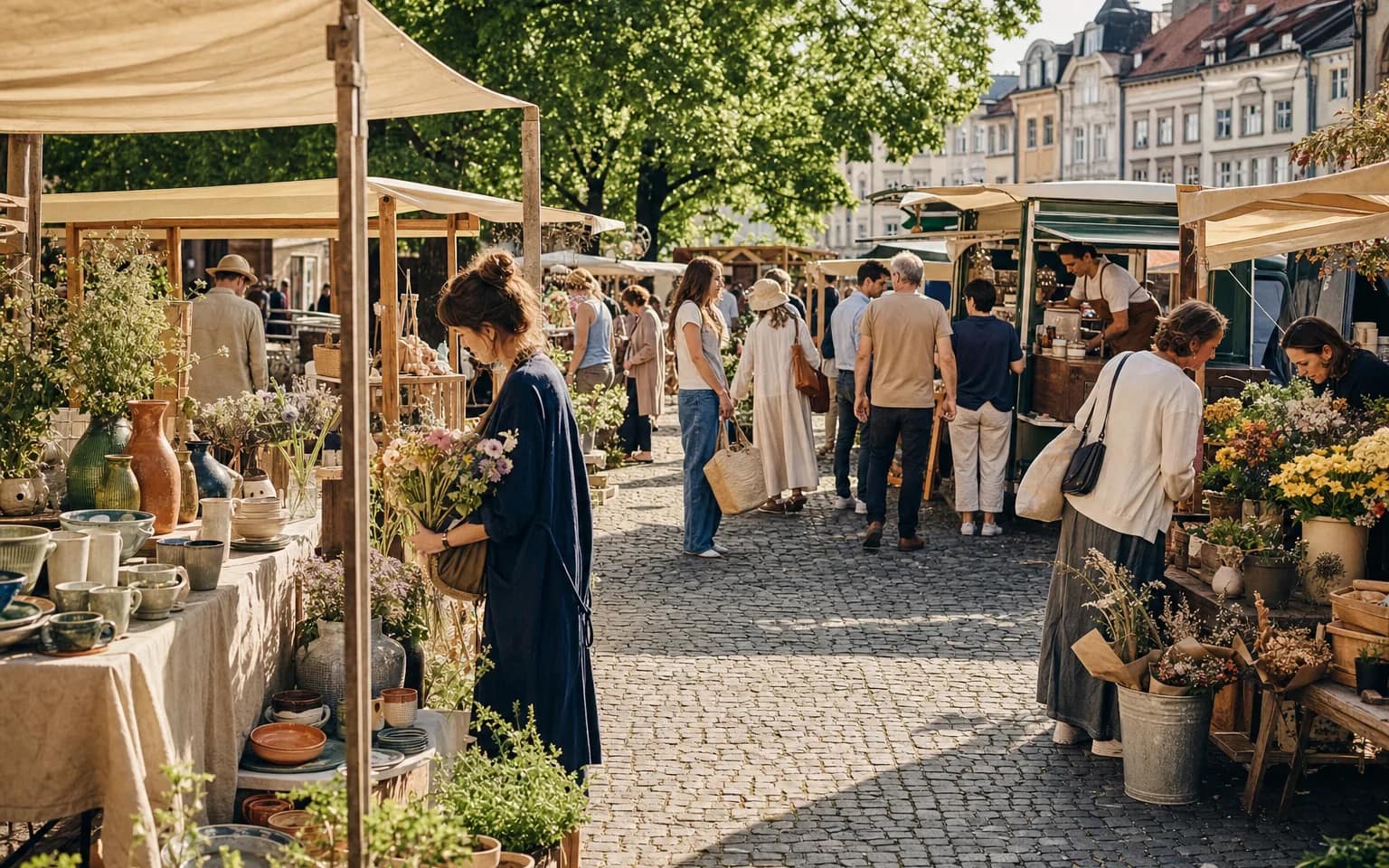 Lebendiger Markt auf einem europäischen Stadtplatz